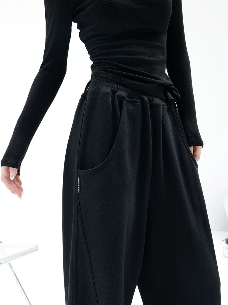 KEN STUDIO quần mùa thu đông dày dặn kiểu dáng lưỡi liềm quần đen dáng suông quần thể thao nữ quần chuối quần thể thao quần dài