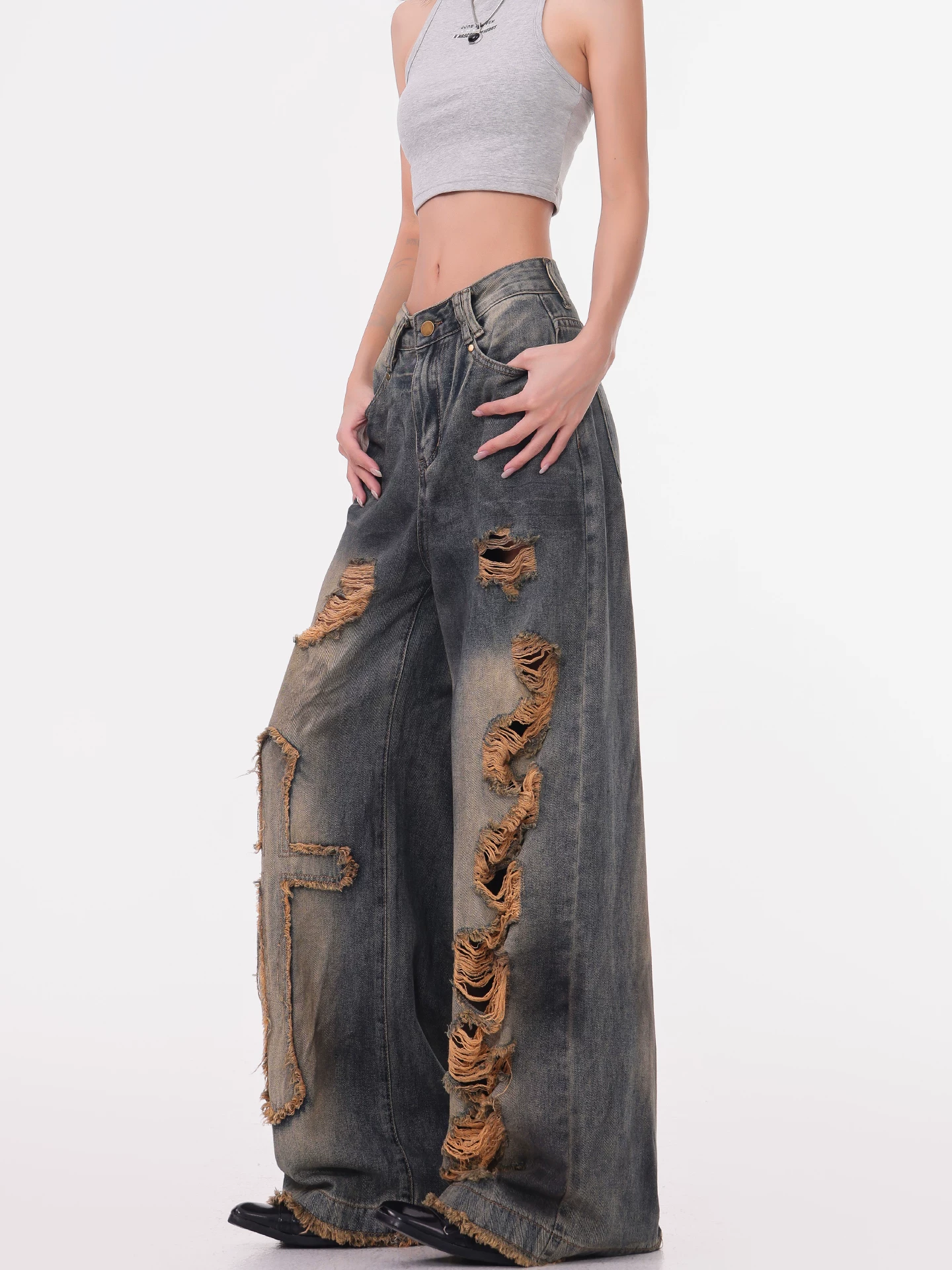 Quần jean rách kiểu cổ điển KEN STUDIO dành cho nữ, thiết kế mùa hè mới, quần ống rộng dáng rộng