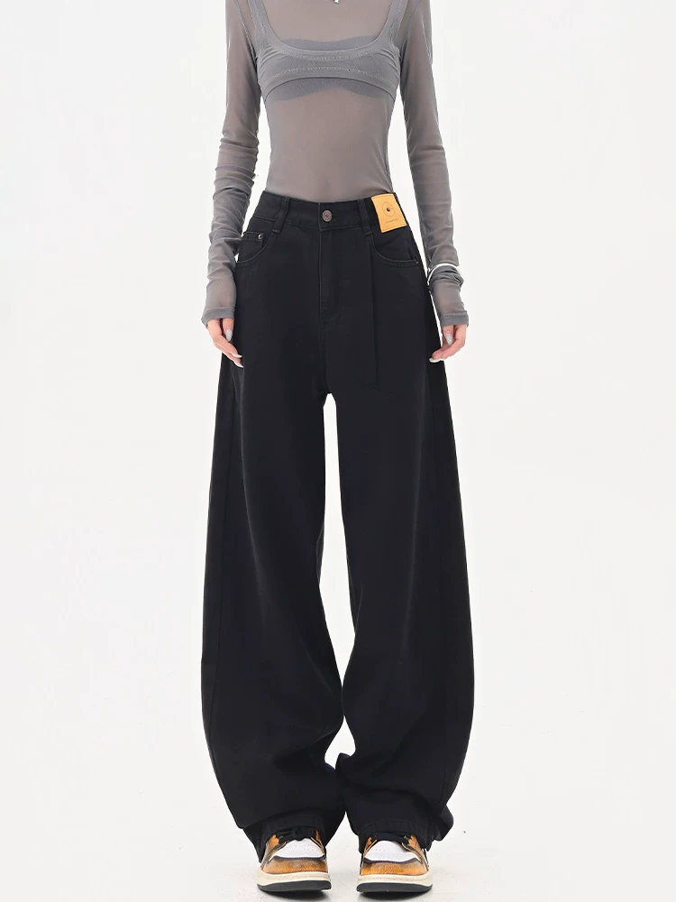 KEN STUDIO Quần jean ống đứng màu đen phong cách Mỹ dành cho nữ, quần ống rộng dáng rộng mới mùa thu đông.