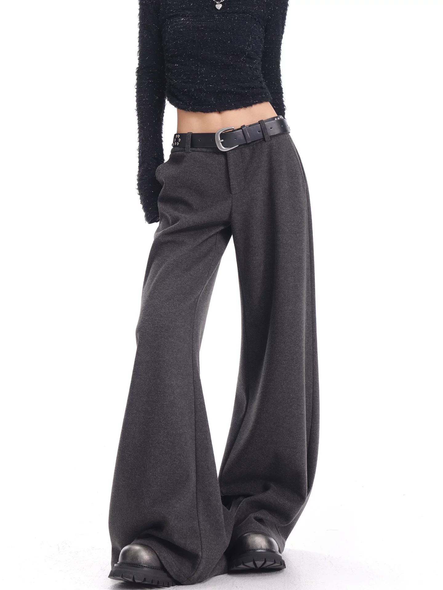 KEN STUDIO Quần âu ống loe màu xám thu đông mới dành cho nữ, chất liệu len dày, quần ống rộng, quần dài đến sàn