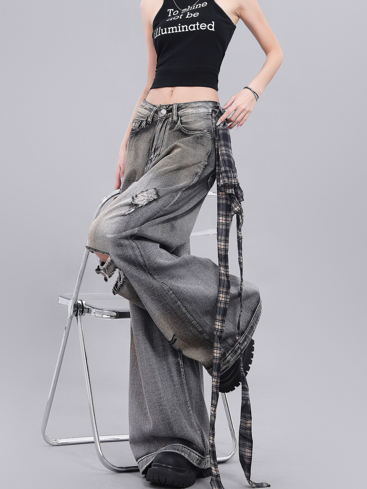 KEN STUDIO Quần jean rách kiểu cổ điển của Mỹ dành cho nữ, quần ống rộng kẻ sọc mùa hè mới.