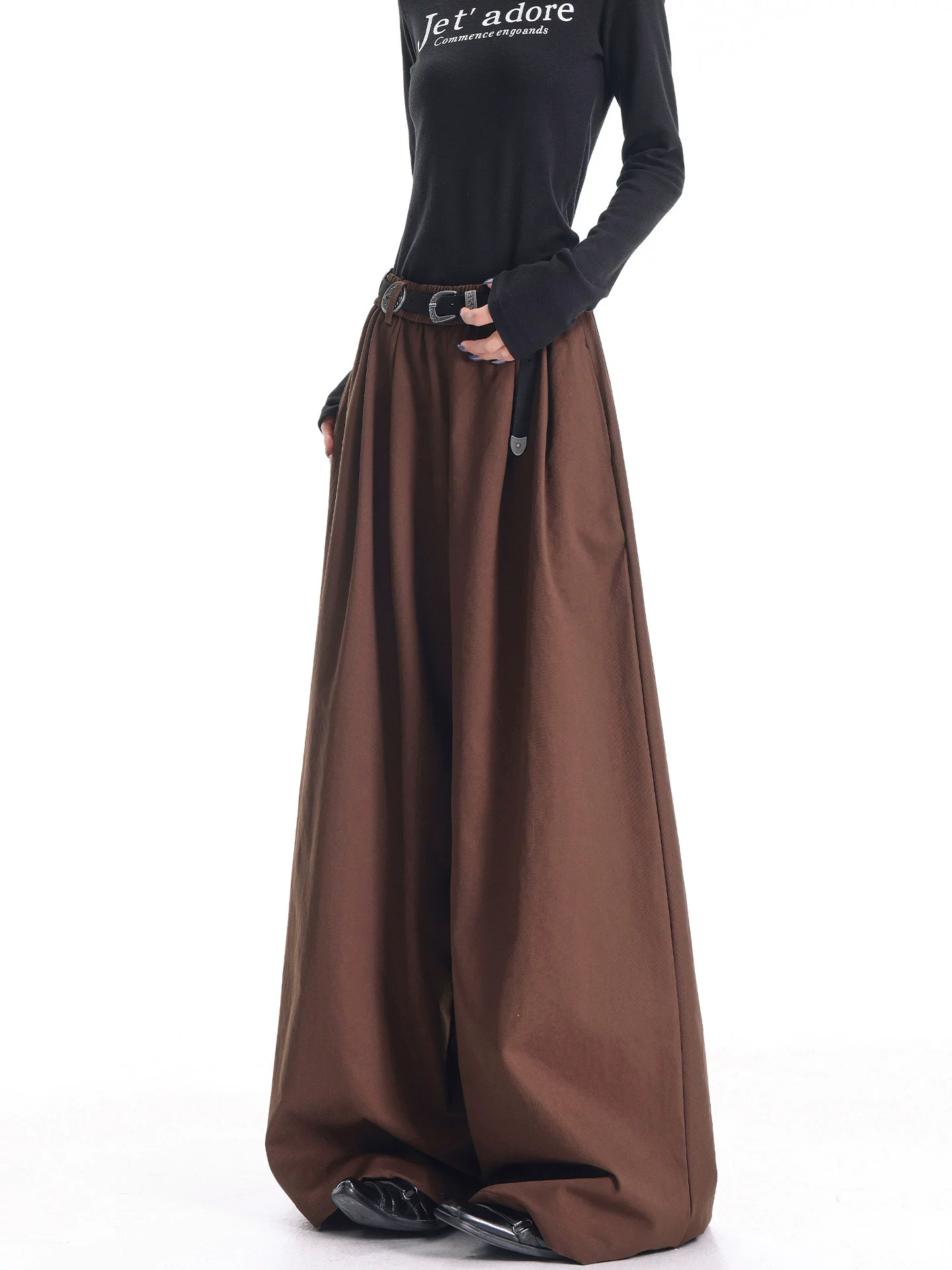 KEN STUDIO quần ống rộng màu cà phê cổ điển mới mùa thu đông dành cho nữ, quần Yamamoto ống rộng cạp cao giúp thon gọn.