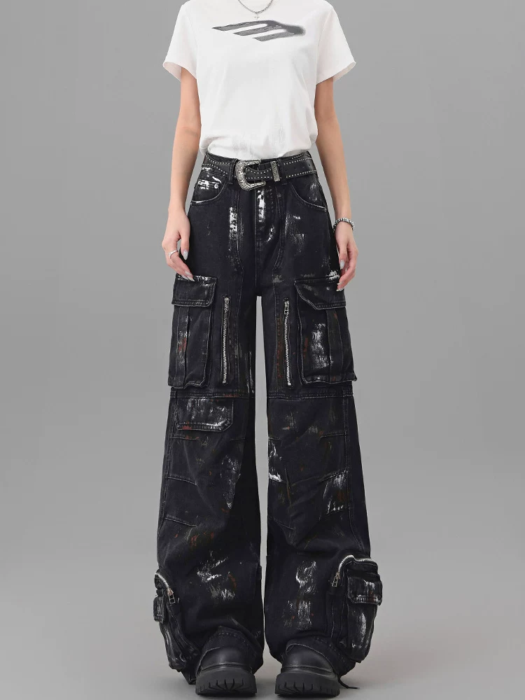 KEN STUDIO Quần jean nhiều túi sơn dày kiểu Mỹ dành cho nữ, quần công sở ống rộng màu đen cổ điển mùa hè