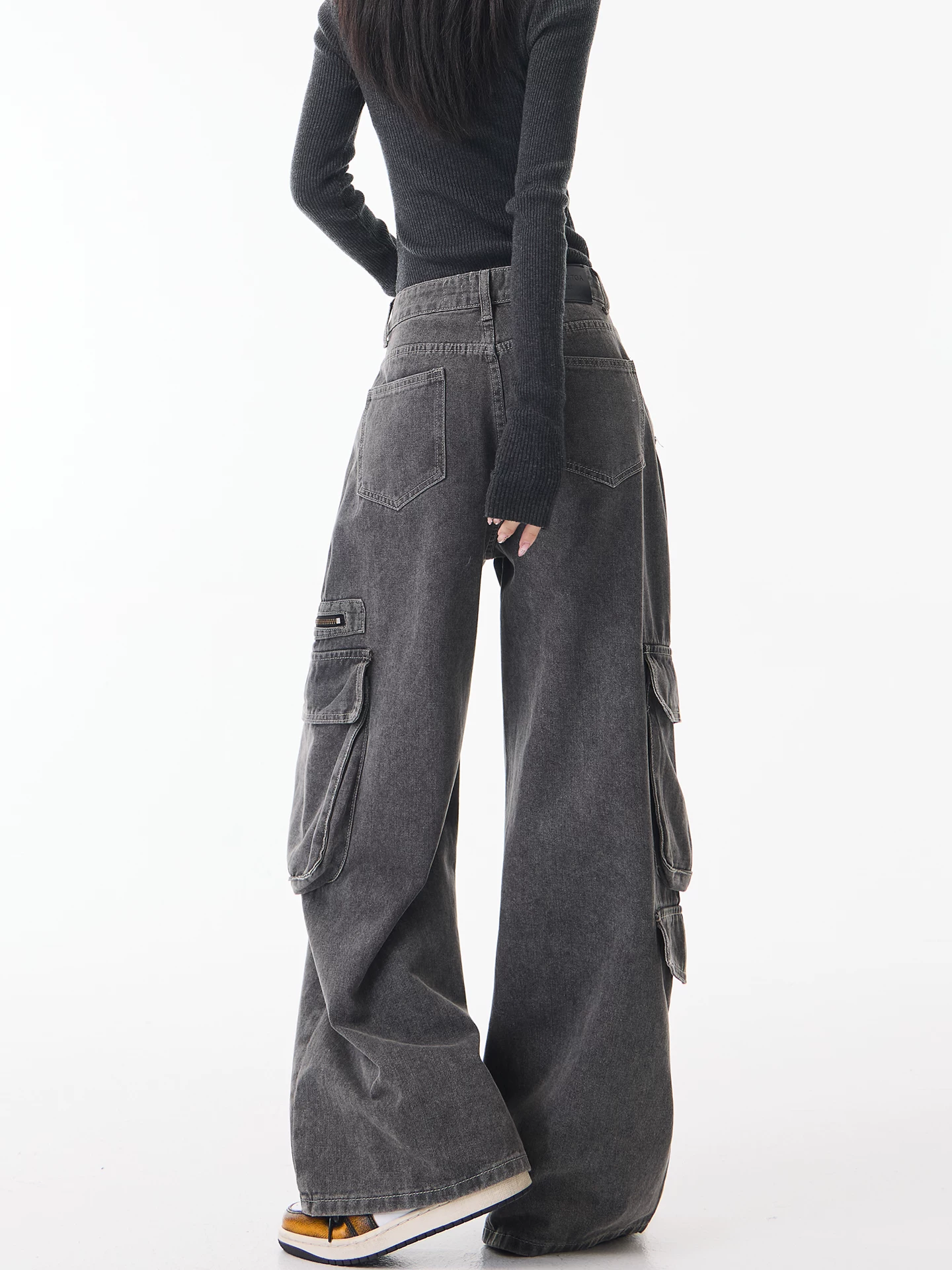 Quần jean công sở màu đen thiết kế cổ điển của KEN STUDIO dành cho nữ, quần ống rộng thẳng lưng cao mới mùa xuân thu