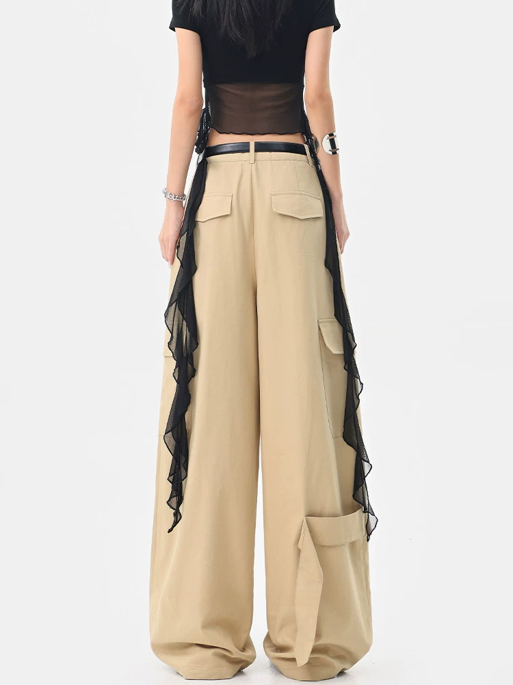 Quần kaki nhiều túi phong cách retro của KEN STUDIO dành cho nữ, phong cách mùa hè mới, quần ống rộng dáng rộng.