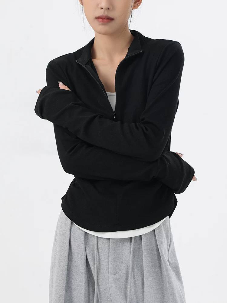 KEN STUDIO áo thun ngắn tay dài màu đen mới mùa xuân thu dành cho nữ với thiết kế giả hai mảnh, áo sơ mi cơ bản giúp giảm béo