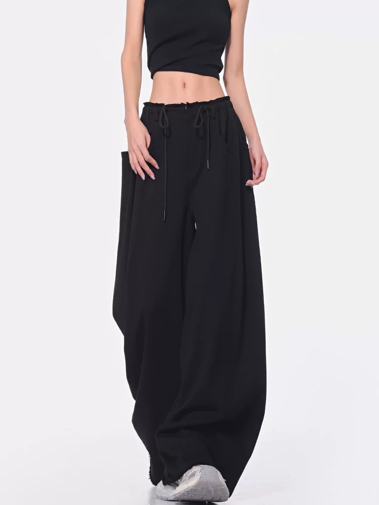 KEN STUDIO Xuân Thu Quần dài dây rút màu đen mới Quần nữ lưng cao dáng rộng Quần ống rộng dài đến sàn