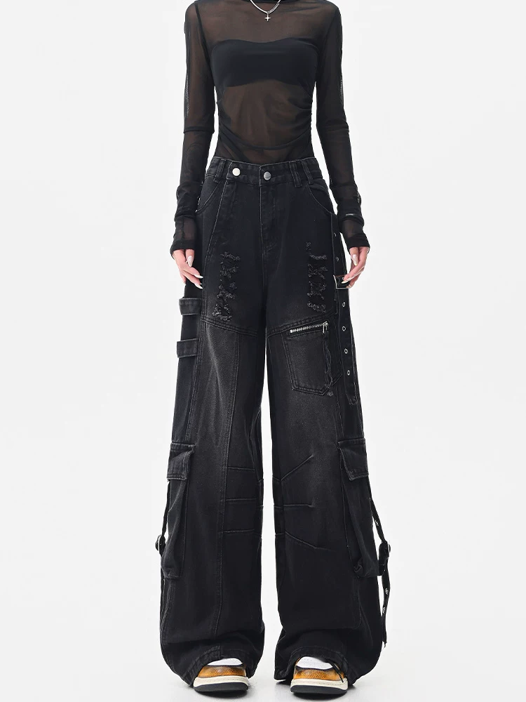 KEN STUDIO Quần jean công sở rách kiểu Mỹ, thiết kế hợp thời trang, quần ống rộng dáng rộng dành cho nữ