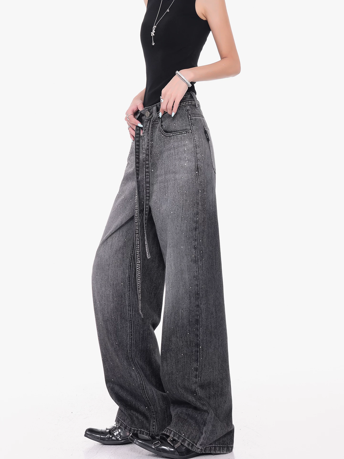 KEN STUDIO Quần jean đính đá đen phong cách đường phố cao cấp của Mỹ dành cho nữ, quần dài dáng rộng dáng rộng mới mùa hè giúp giảm béo