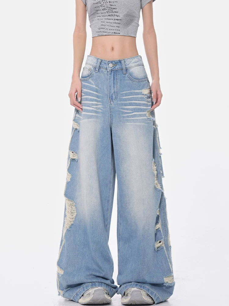 KEN STUDIO Xuân Thu Quần jean ống rộng màu xanh nhạt cổ điển mới dành cho nữ với thiết kế rách Quần ống đứng kiểu dáng đơn giản