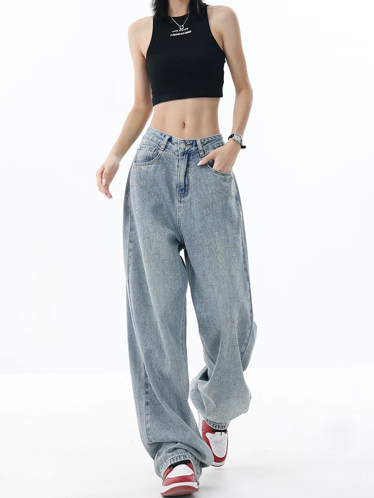 Quần jean denim xước đính đá thủ công kiểu mới xuân thu của KEN STUDIO dành cho nữ, thiết kế độc đáo, quần dài ống thẳng.