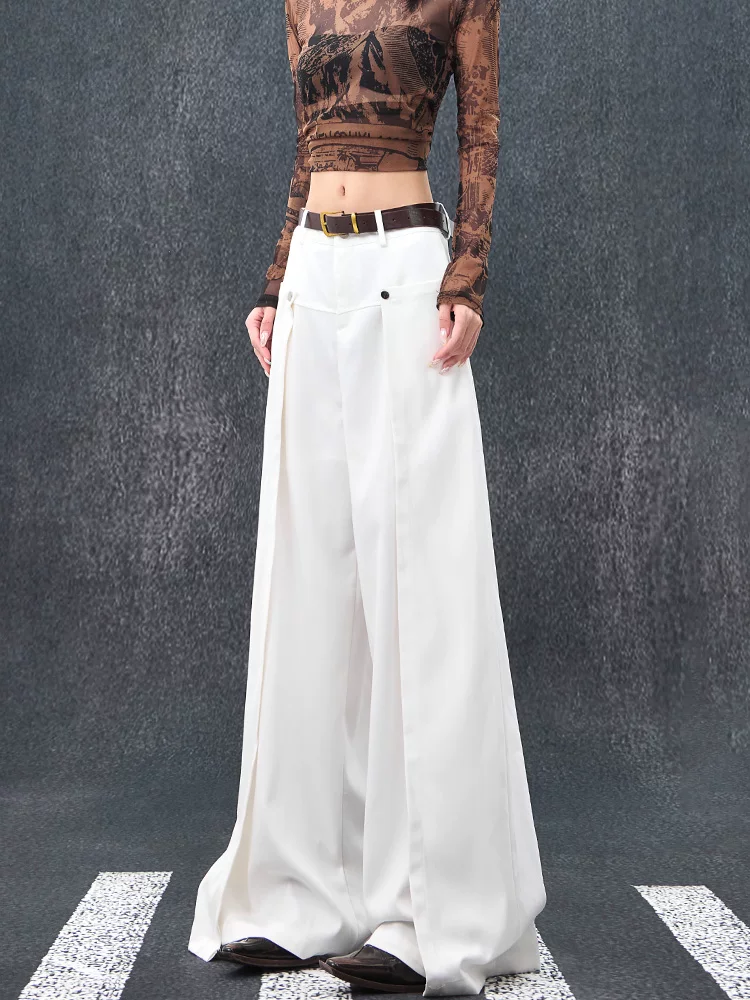 KEN STUDIO thiết kế mới mùa hè và mùa thu quần âu ống rộng màu trắng dành cho nữ, quần cạp cao, thon gọn, mềm mại, quần dài đến sàn