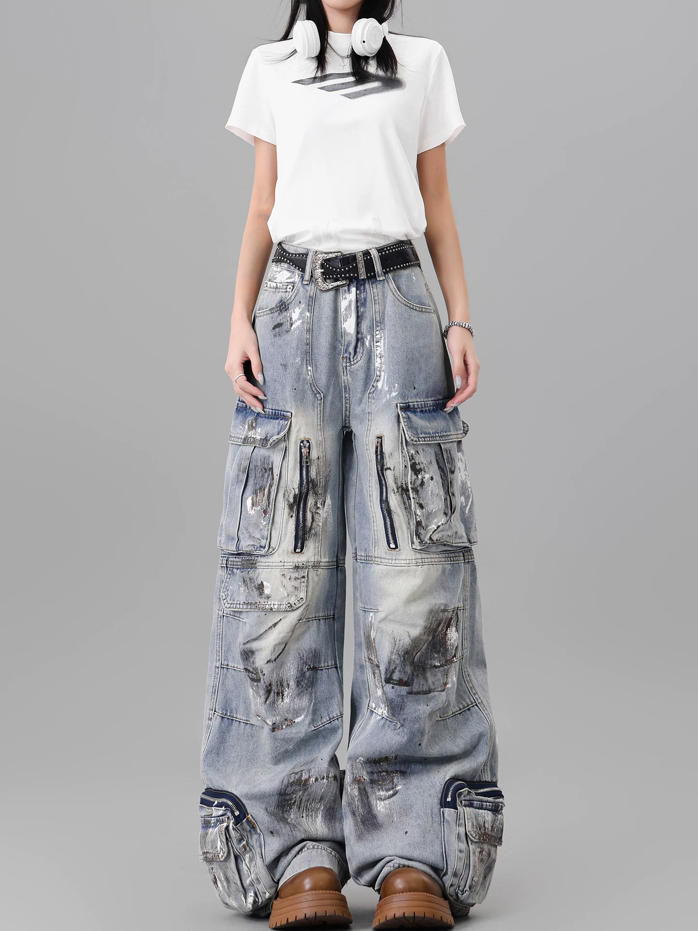 Quần jean công sở thiết kế nhiều túi sơn kiểu cổ điển của KEN STUDIO dành cho nữ, quần ống rộng lưng cao mùa hè