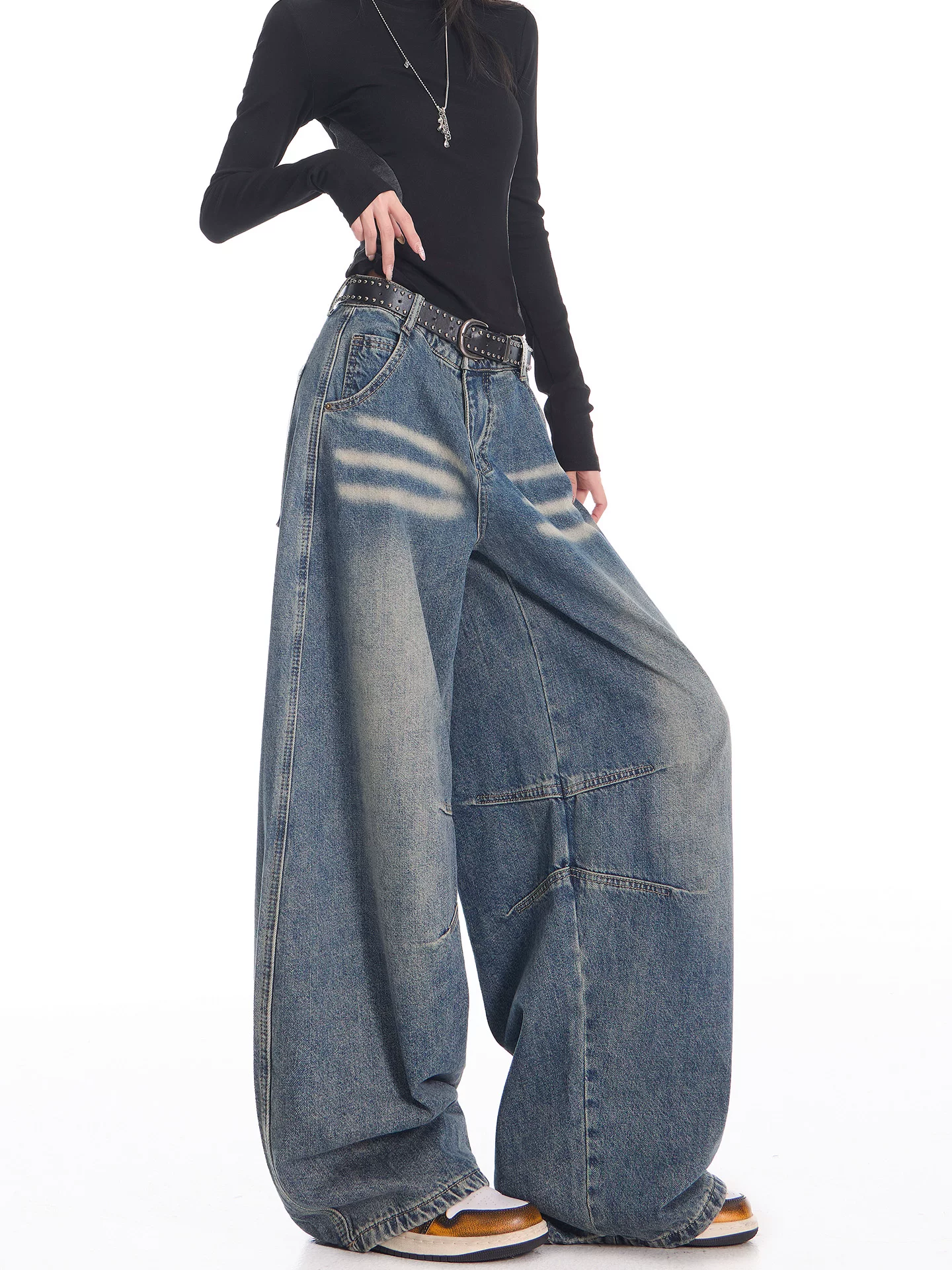 KEN STUDIO Xuân Thu Mới Phong Cách Đường Phố Mỹ Quần Jean Vintage Nữ Cao Cấp Quần Ống Rộng Quần Ống Rộng Quần Scimitar