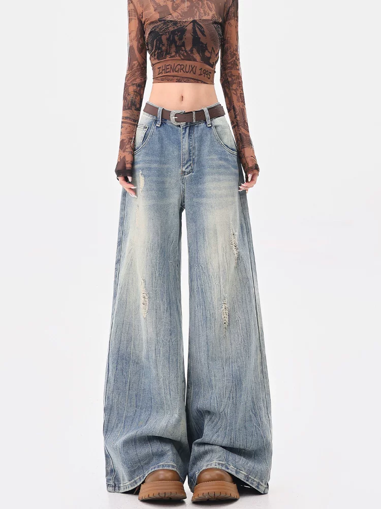 KEN STUDIO đầu mùa thu quần jean ống rộng rách kiểu Mỹ cổ điển mới dành cho nữ, quần ống đứng dáng suông giản dị