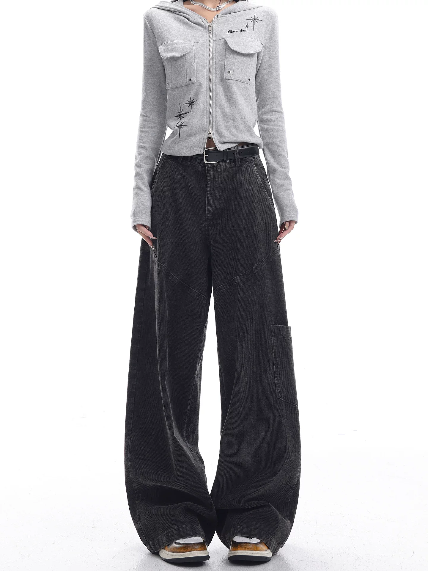 KEN STUDIO mùa thu đông mới kiểu dáng cổ điển quần áo bảo hộ lao động quần jean nữ lưng cao dáng rộng quần nhung kẻ kiểu scimitar