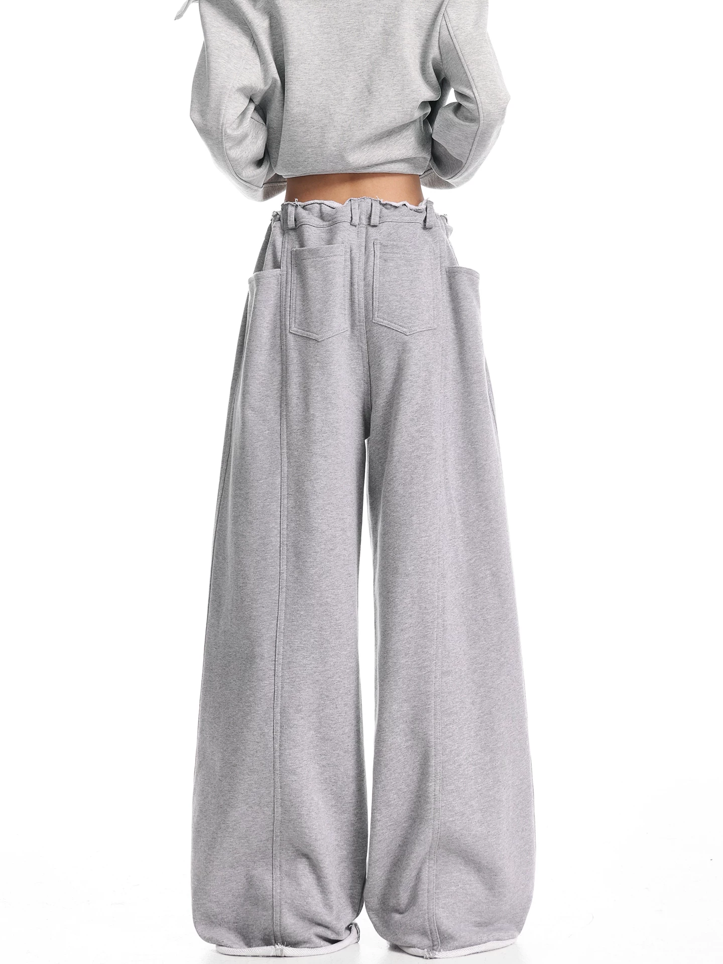 KEN STUDIO Xuân Thu Mới Màu Xám Dây Rút Quần Âu Nữ Cao Cấp Quần Ống Rộng Quần Dài Tới Chân