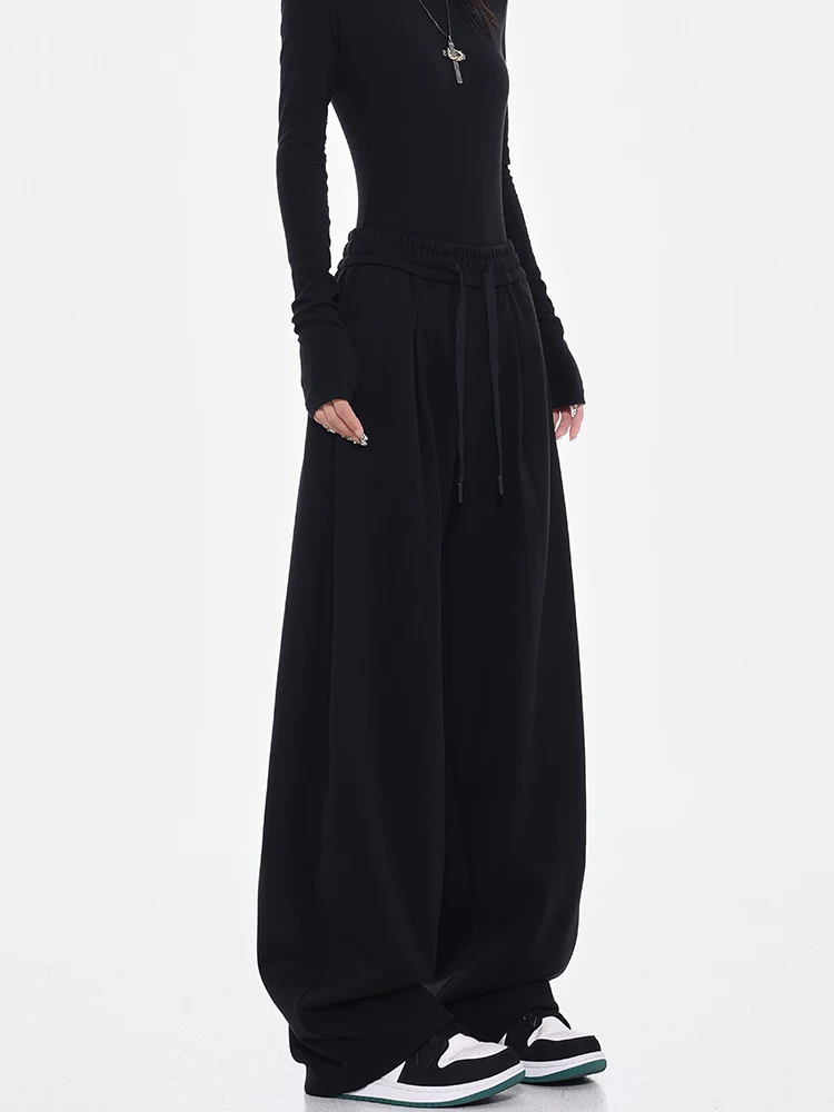 KEN STUDIO quần thể thao ống đứng màu đen dày dặn có dây rút ở eo co giãn dành cho nữ, quần thường ngày rộng rãi và mềm mại