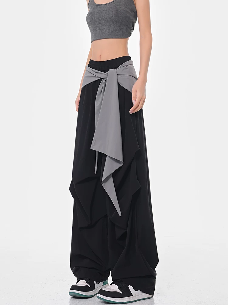 KEN STUDIO mùa hè phong cách đường phố mới quần dù thiết kế nhiều lớp dành cho nữ, quần rộng rãi kiểu chắp vá