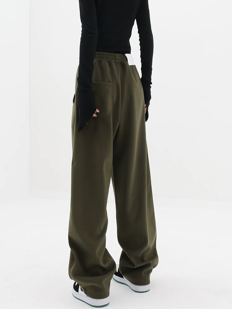 KEN STUDIO quần mùa thu đông dày dặn kiểu dáng lưỡi liềm quần thể thao nữ giữ ấm quần thể thao ống rộng quần thường ngày