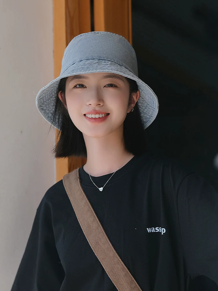 Mũ xô denim dành cho nữ, kiểu mới xuân thu 2024, chu vi đầu lớn, chống nắng, làm thon mặt, mũ xô kiểu Nhật ngoài trời.