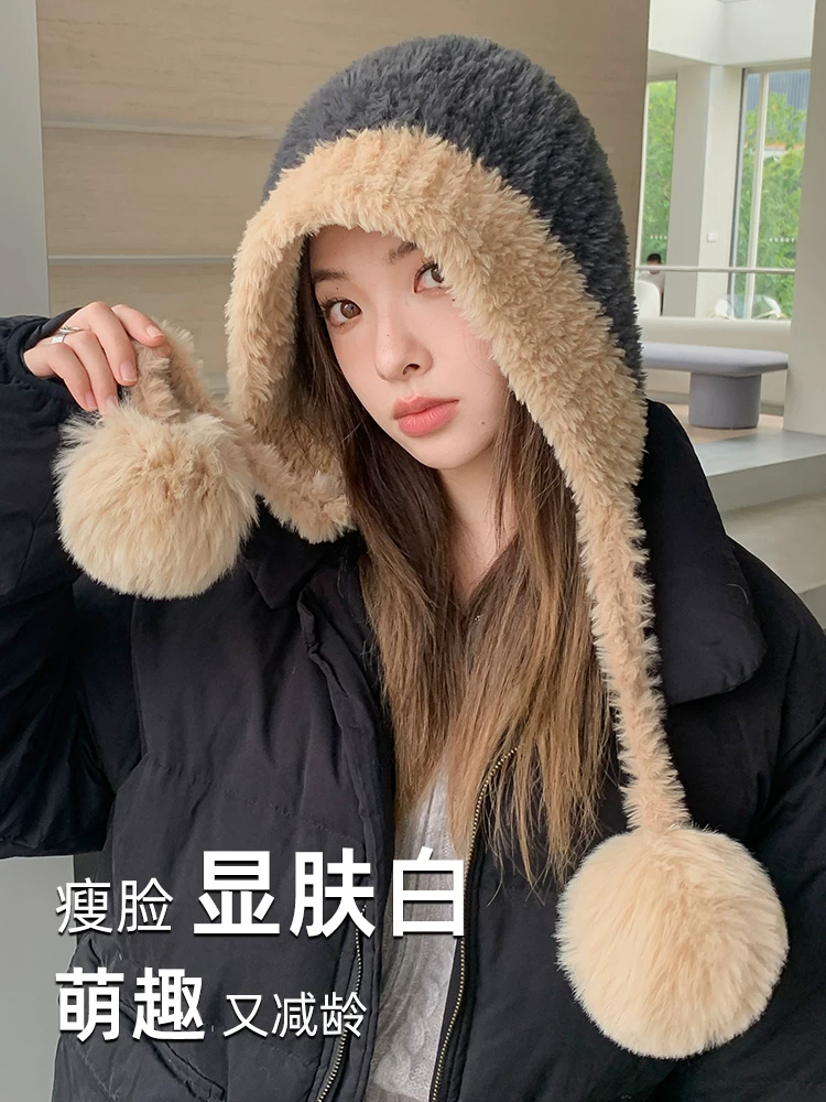 Mũ len gấu nhỏ dành cho nữ, mũ len dệt kim chắp vá mùa đông, bảo vệ tai khi đạp xe ngoài trời, mũ trùm đầu Lei Feng, mũ bông ấm áp.