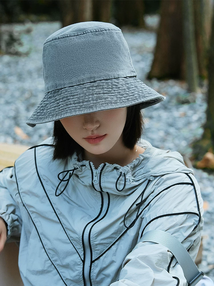 Mũ xô denim dành cho nữ, kiểu mới xuân thu 2024, chu vi đầu lớn, chống nắng, làm thon mặt, mũ xô kiểu Nhật ngoài trời.