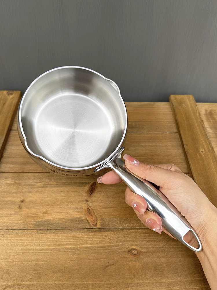 Nồi sữa inox LUNKAI1810, nồi chống bắn dầu, mini ba lớp thép dày có vòi rót, 12cm
