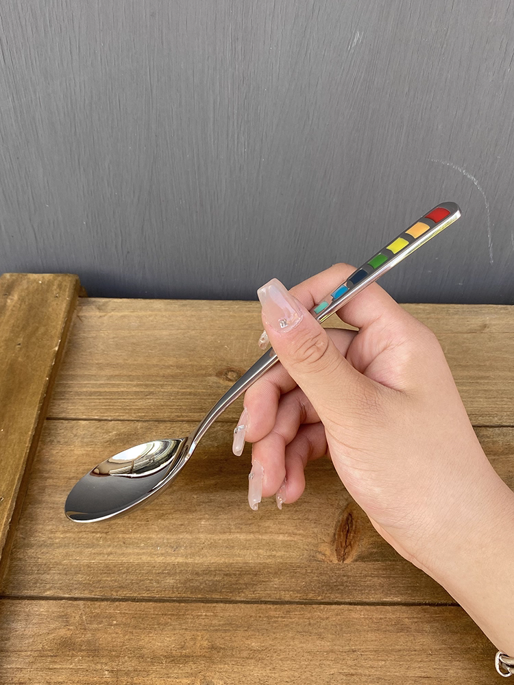 Muỗng đầu tròn lớn! Muỗng đầu tròn tráng men cầu vồng dùng để uống súp, thìa, thìa dành cho người lớn bằng thép không gỉ 18-10.