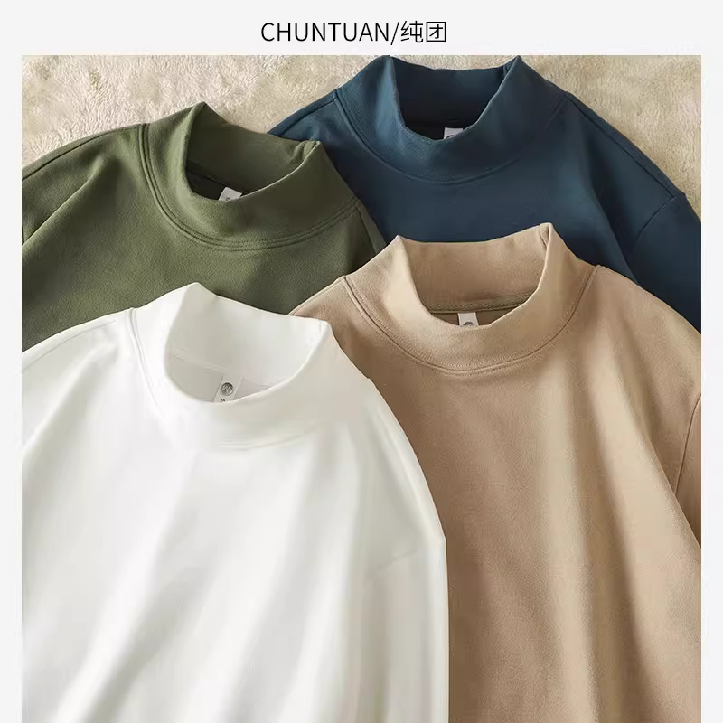 Áo sơ mi cổ cao nửa cổ bằng nhung Đức hai mặt hạng nặng Pure Group 350G dành cho nam và nữ, áo thun dài tay bên trong màu trơn ấm áp mùa thu đông.