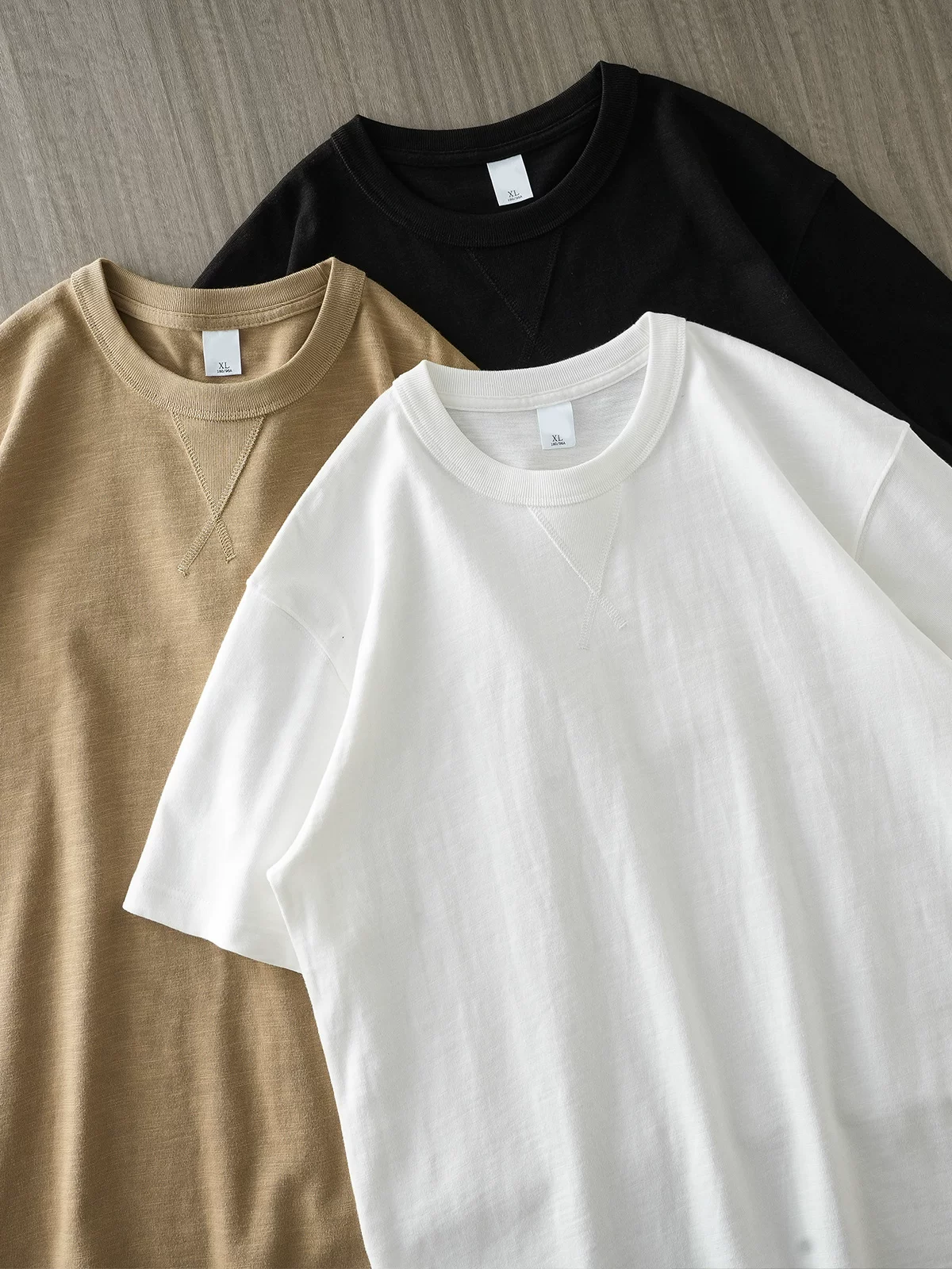 Áo thun nam tay ngắn chất cotton nguyên chất 320G, kiểu dáng mùa hè cổ tròn tam giác ngược phong cách Mỹ cổ điển, dáng rộng, may ba kim, tay lửng