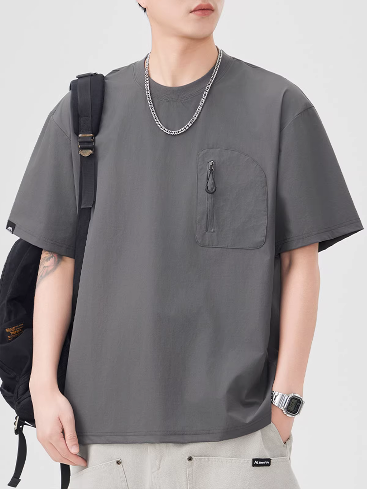 Áo thun chống nước ngoài trời kiểu núi nguyên chất dành cho nam, tay ngắn, túi khóa kéo chức năng kiểu Mỹ mùa hè, áo sơ mi mát mẻ và nhanh khô.