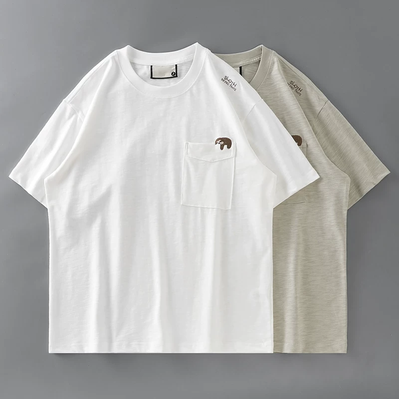 Áo thun cotton nguyên chất 250G chất liệu cotton tre dày dặn dành cho nam, tay ngắn, dáng rộng mùa hè, kiểu dáng Mỹ, có túi, thêu hoạt hình, áo thun nửa tay.