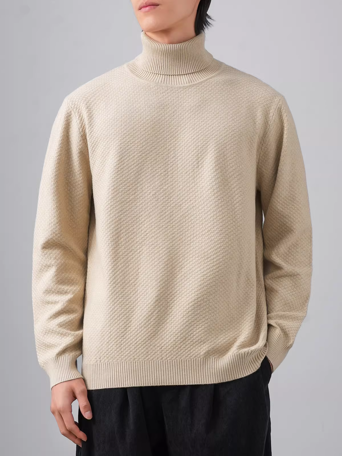 Áo len nam dày dặn, mẫu mới thu đông họa tiết dứa cổ lọ thời trang màu trơn lớp lót dày giữ ấm