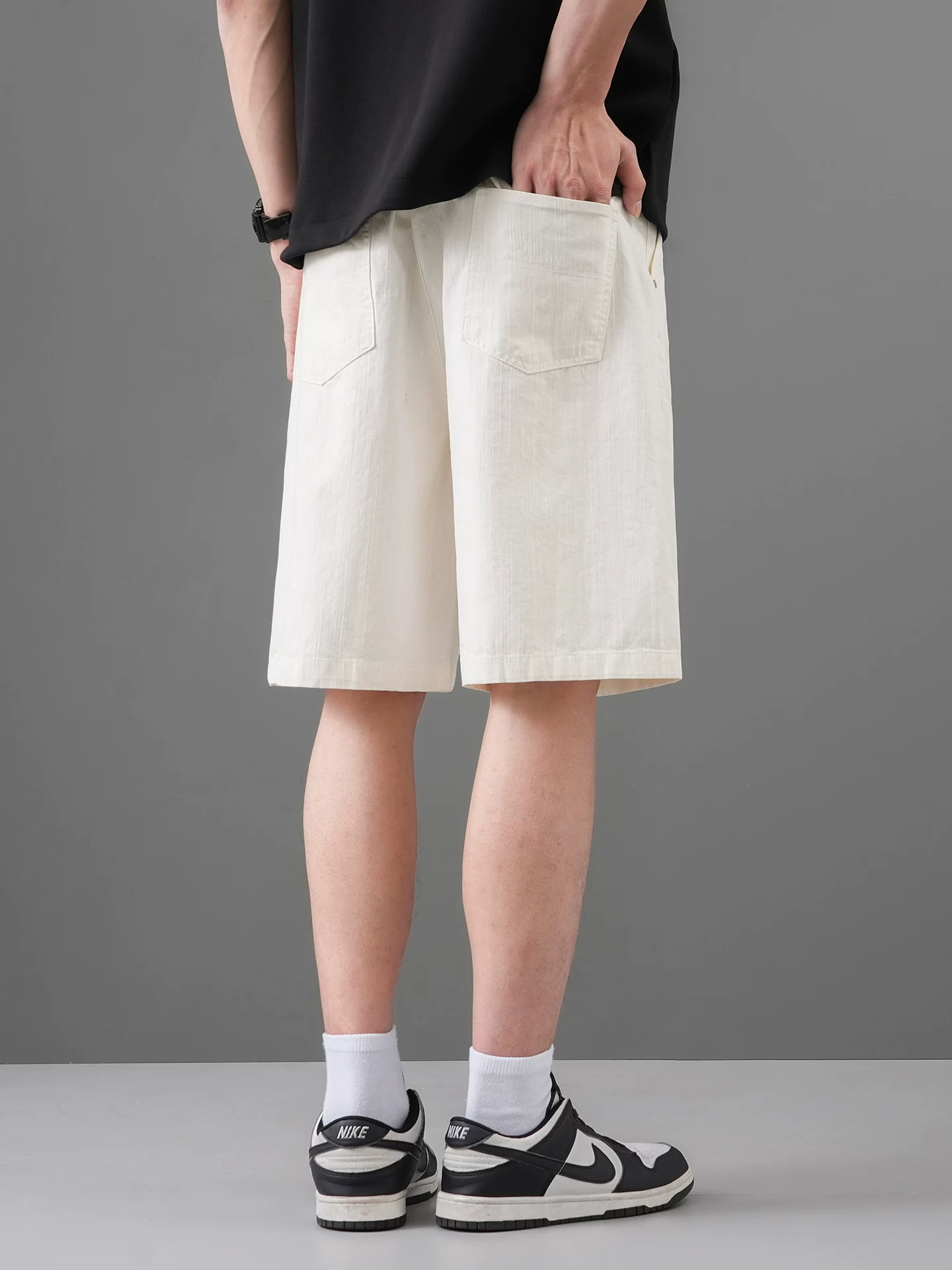 Quần short công sở cotton nguyên chất mùa hè dành cho nam, quần cotton mỏng dài vừa phải, quần short năm điểm dáng rộng thoáng khí phong cách Mỹ