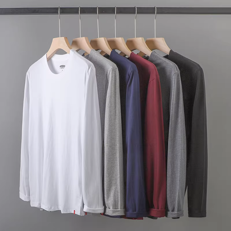 Áo thun cotton nguyên chất 210g, tay dài, dáng rộng, cổ tròn, màu trắng, áo trơn, unisex.