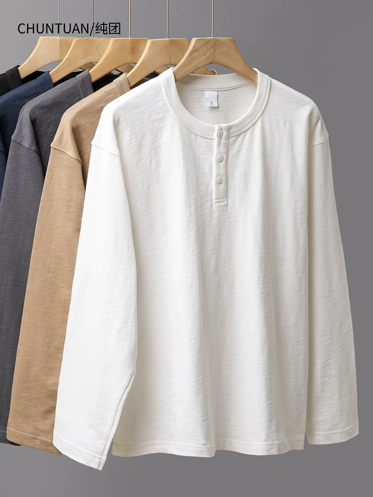 Áo thun dài tay cổ Henry hạng nặng 320G dành cho nam, áo nỉ cổ điển Mỹ mùa xuân thu, áo sơ mi cotton nguyên chất ba kim màu trắng.