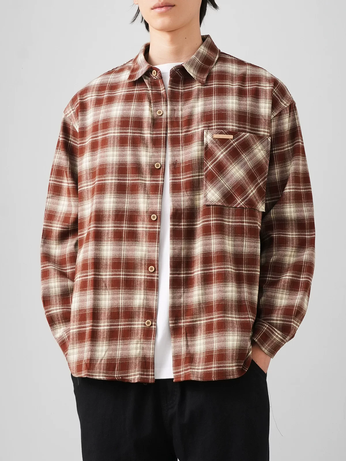 Áo sơ mi kẻ sọc flannel dày dặn dành cho nam, tay dài, kiểu dáng cổ điển Mỹ mùa thu, áo sơ mi có túi chải mềm, cổ áo lật.