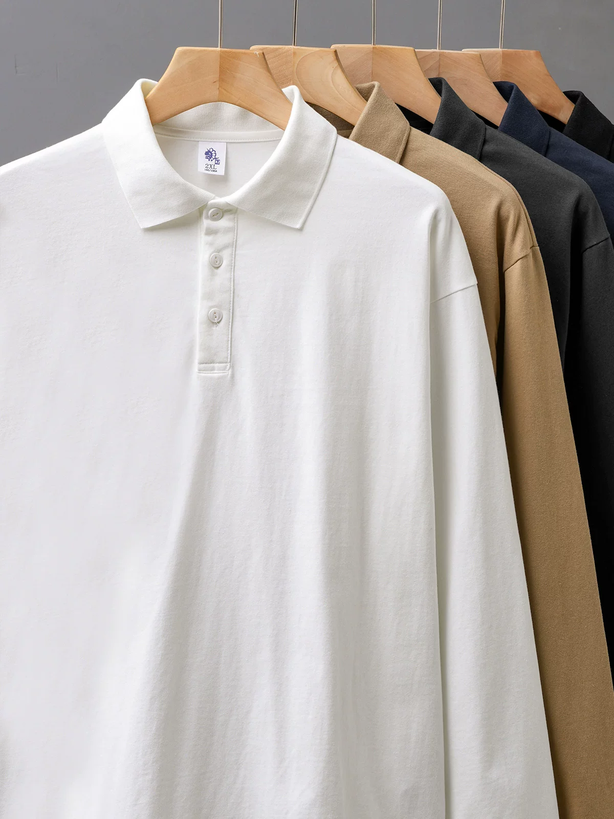 Áo sơ mi POLO cotton nguyên chất hạng nặng 320G dài tay dành cho nam mùa xuân và mùa thu kiểu Mỹ áo sơ mi màu trơn kiểu dáng rộng rãi áo nỉ có cổ thông thường