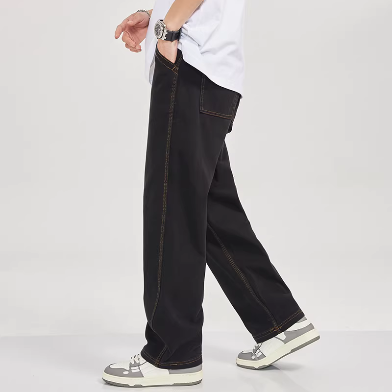 Quần jean retro Nhật Bản dành cho nam, dáng rộng ống thẳng kiểu mới 2022, quần bố màu xanh đậm đã giặt, quần ống rộng bằng cotton nguyên chất