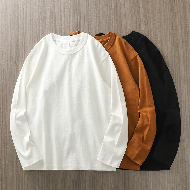 Áo thun dài tay bằng cotton nguyên chất hạng nặng 320G dành cho nam, áo len cổ tròn rộng rãi và dày dặn cho mùa xuân và mùa thu, áo sơ mi ba kim màu trơn.