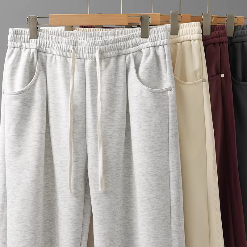 Quần thể thao ống thẳng hạng nặng dành cho nam, quần ống rộng dáng dài màu xám phong cách mùa xuân và mùa thu, quần dài ống thẳng màu xám phong cách giản dị.