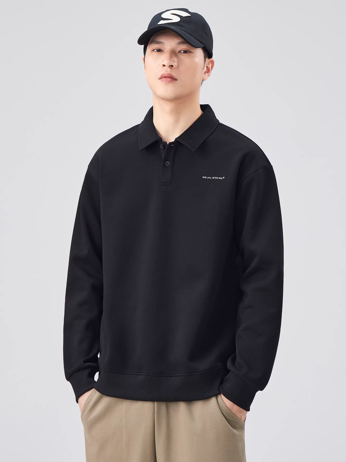 Áo thun nỉ dày dặn Pure Group 320G dành cho nam, kiểu áo polo, thu đông 2025, mới, cổ trụ, tay dài