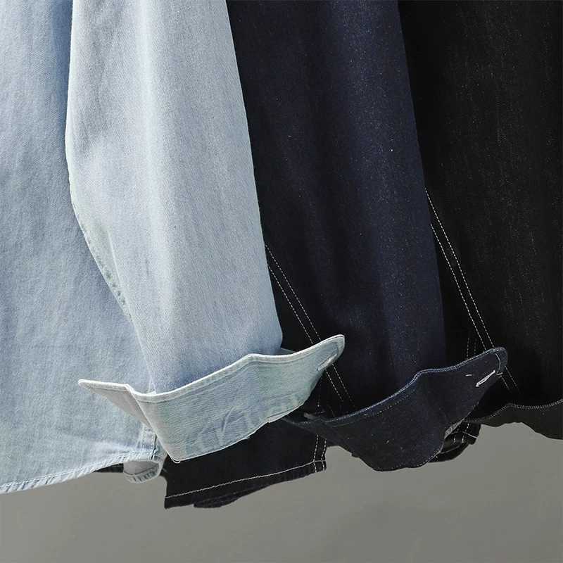 Áo sơ mi denim kiểu Mỹ thuần túy dành cho nam giới, áo sơ mi dài tay có túi bằng vải cotton nguyên chất phong cách vintage mùa xuân và mùa thu hợp thời trang