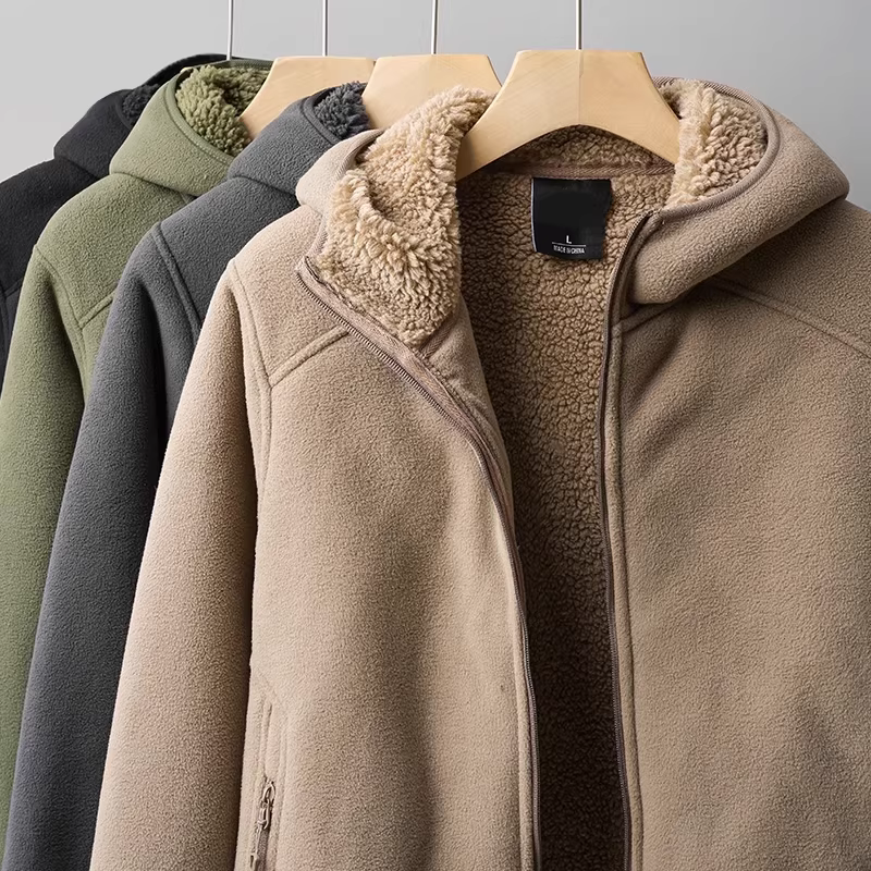 Áo khoác len cừu nặng 600G dành cho nam, áo khoác cotton ấm áp lót lông cừu mùa thu đông, áo nỉ có mũ trùm đầu bằng lông cừu dày dặn