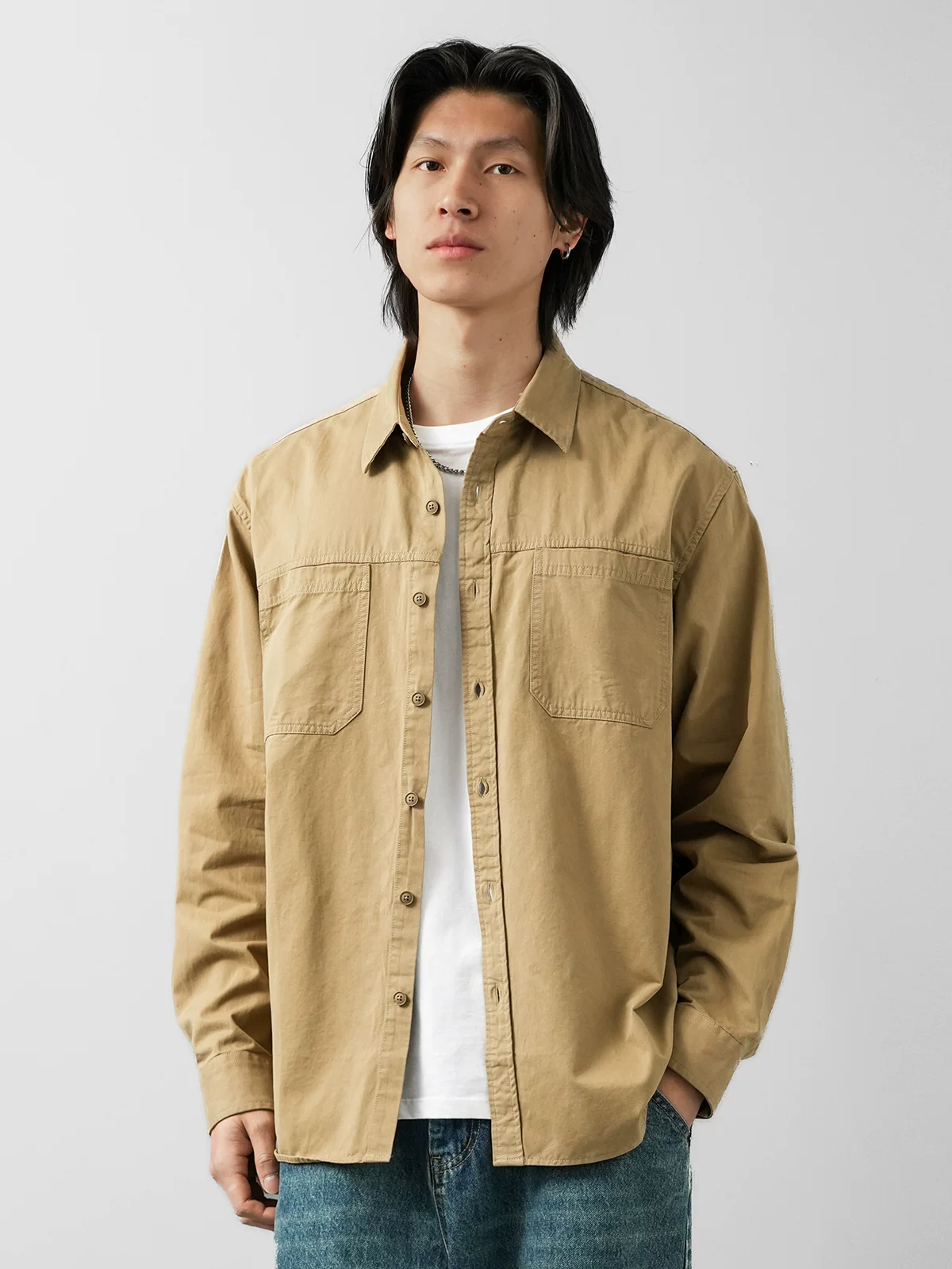 Áo sơ mi nam chất liệu cotton dày 400G, tay dài, mùa xuân thu, kiểu dáng cổ điển Mỹ, phong cách casual, có túi, kiểu áo khoác