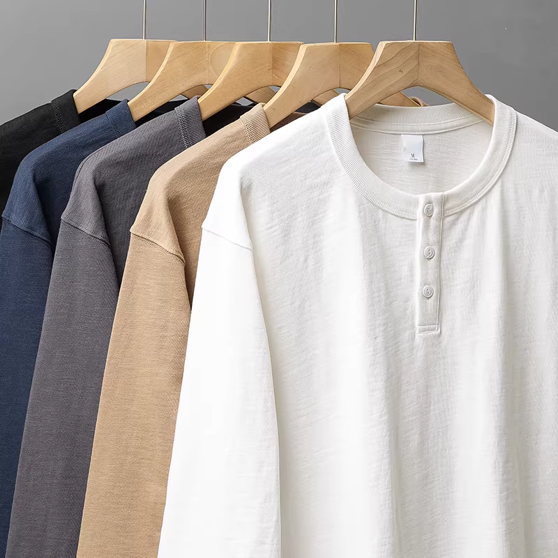 Áo thun cổ henley chất liệu cotton nguyên chất hạng nặng 320G dành cho nam, áo nỉ phong cách Mỹ mùa thu, dáng rộng, đường may ba lớp, áo sơ mi dài tay màu trơn