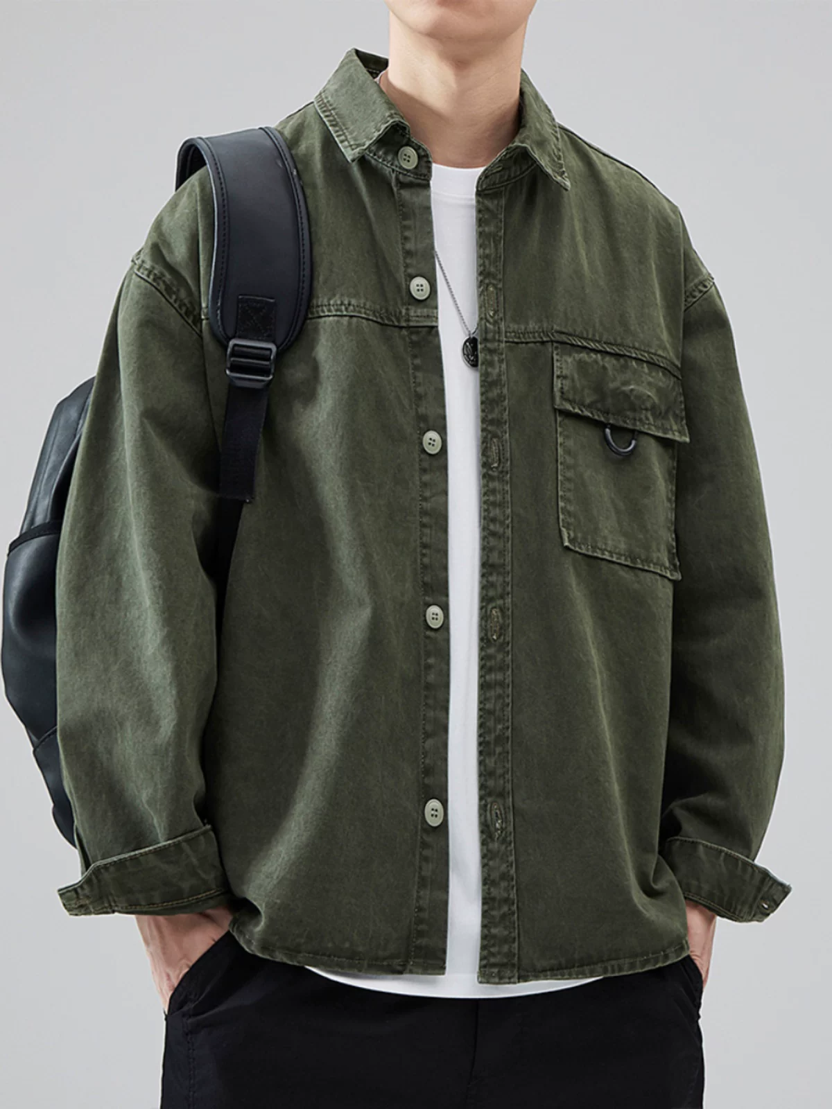 Áo khoác denim cotton nguyên chất hạng nặng dành cho nam giới, mùa thu phong cách Mỹ hợp thời trang cổ điển, áo sơ mi dáng rộng kiểu dáng cổ điển, cổ bẻ