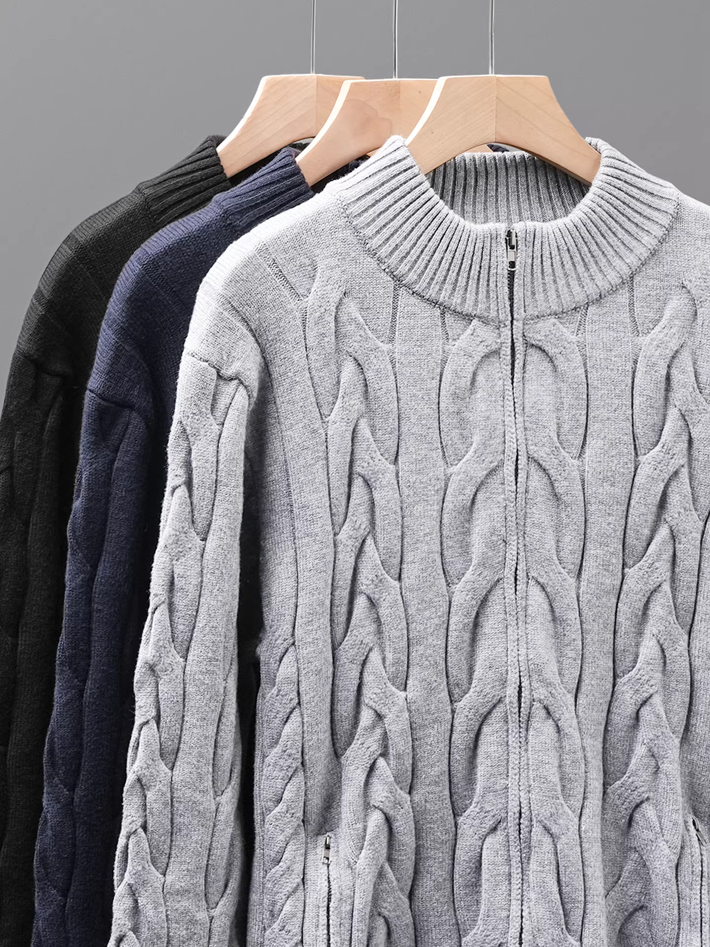 Áo khoác cardigan nam mùa đông dáng rộng kiểu Mỹ, chất liệu len dệt kim kiểu cáp, cổ đứng