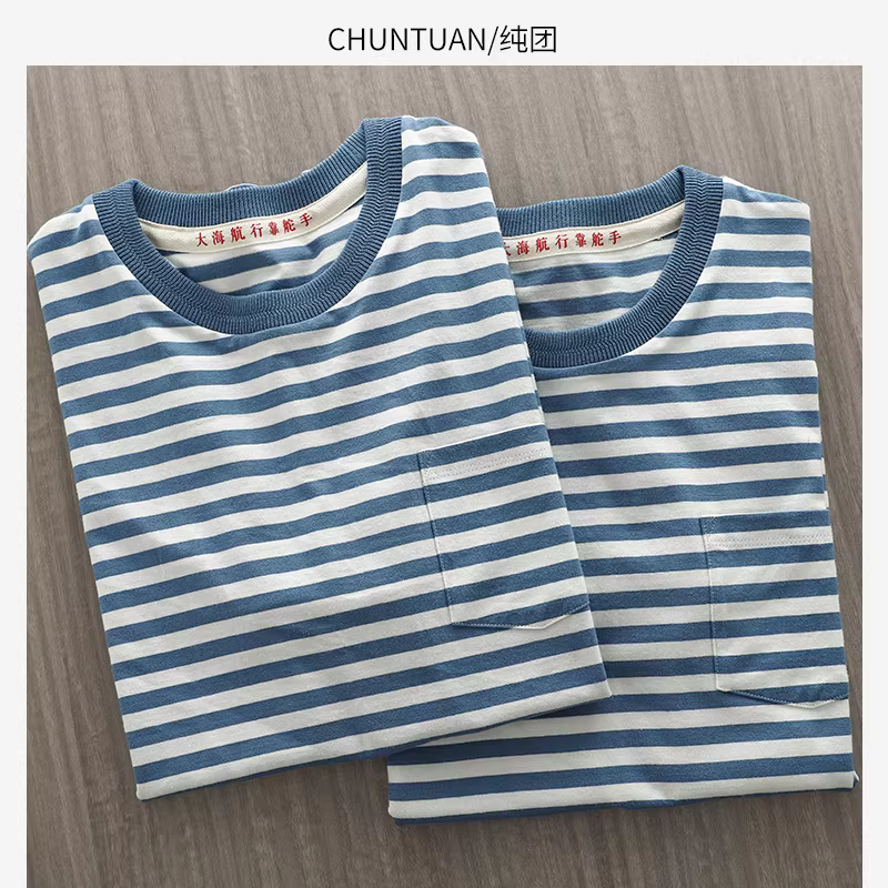 Áo thun hạng nặng 270g kiểu Nhật dành cho nam, áo sơ mi cotton nguyên chất sọc mùa hè, áo sơ mi thủy thủ dáng rộng cổ tròn nửa tay, áo ngắn tay dành cho nữ.